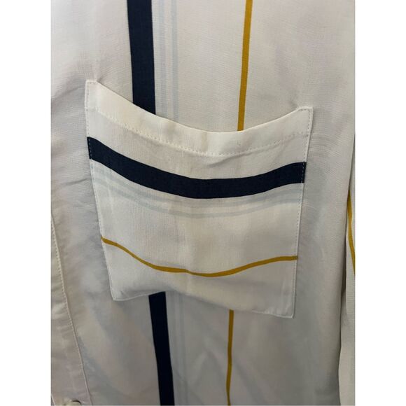 Frame Top Womens Large White Blue Striped Pocket Button Up Shirt Silk Viscose Bl - Picture 5 of 5